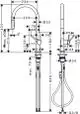 Hansgrohe Spültischmischer mit ausziehbarer Brause, abgebildet in Seitenansicht und Vorderansicht, zeigt technische Maße und Anschlussdetails.